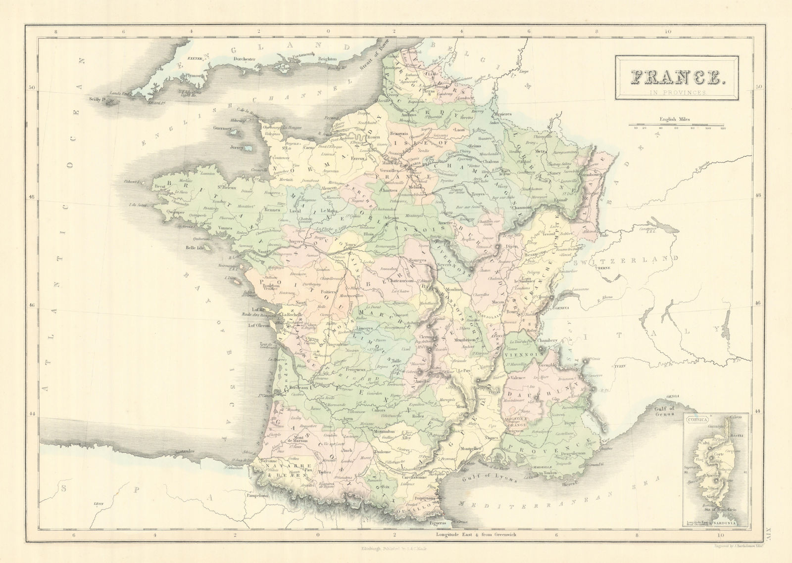 France in provinces showing railways. JOHN BARTHOLOMEW 1854 old antique map