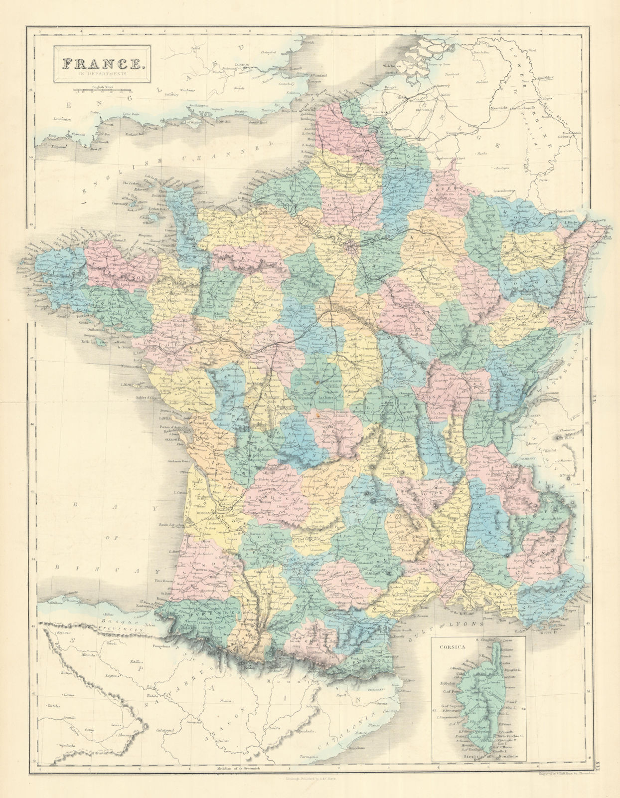 France in departments showing railways. SIDNEY HALL 1854 old antique map chart