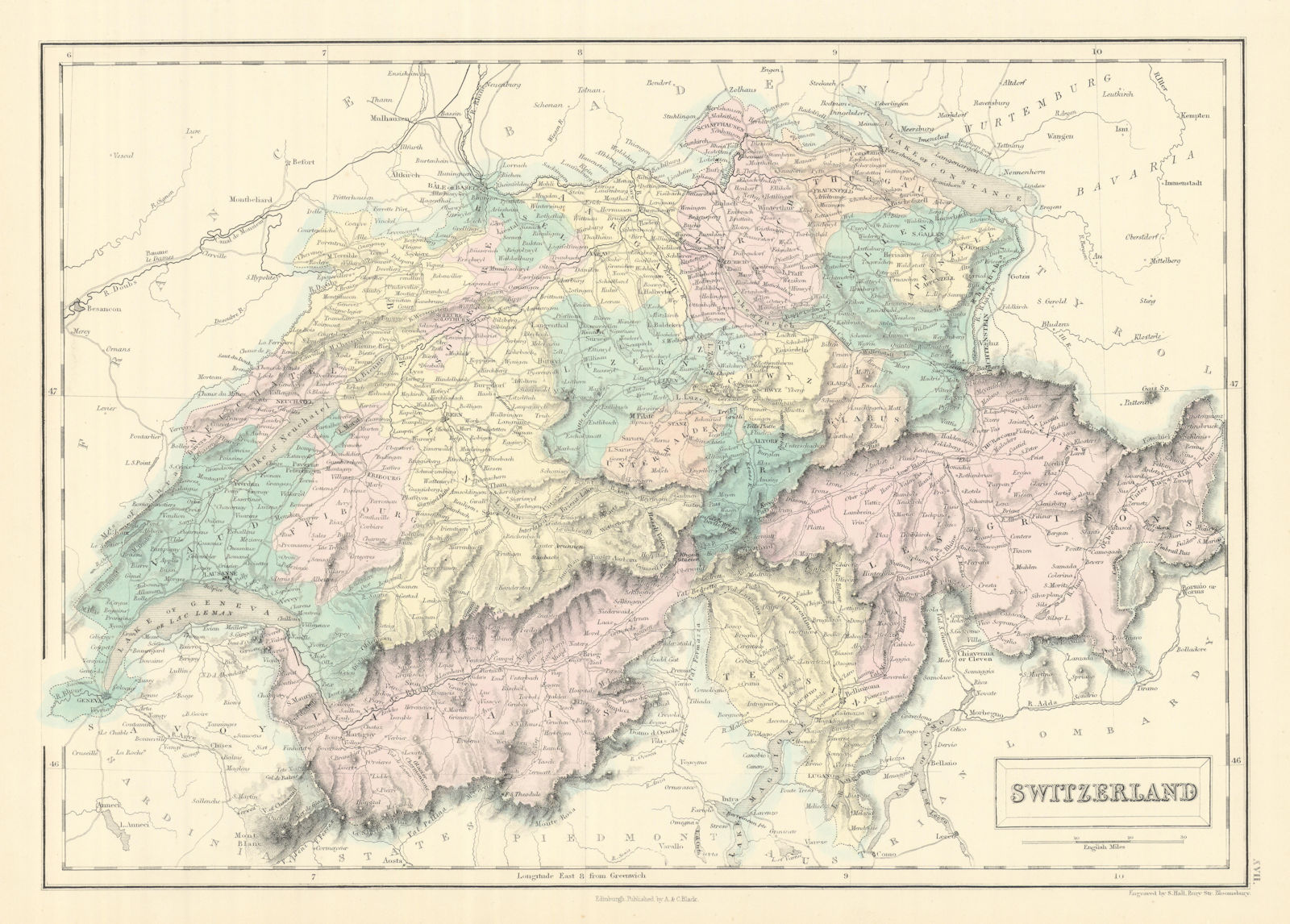 Switzerland showing cantons, rivers & roads. SIDNEY HALL 1854 old antique map