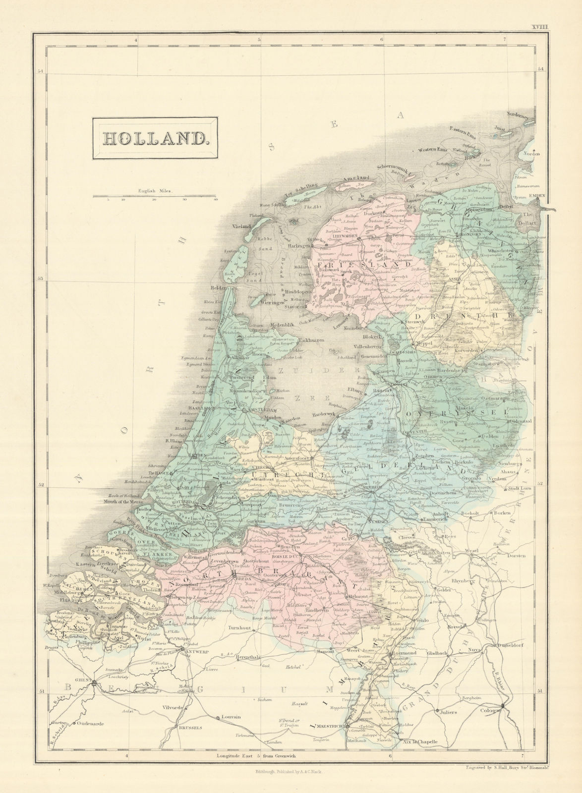 "Holland". Netherlands. Railways. SIDNEY HALL 1854 old antique map plan chart