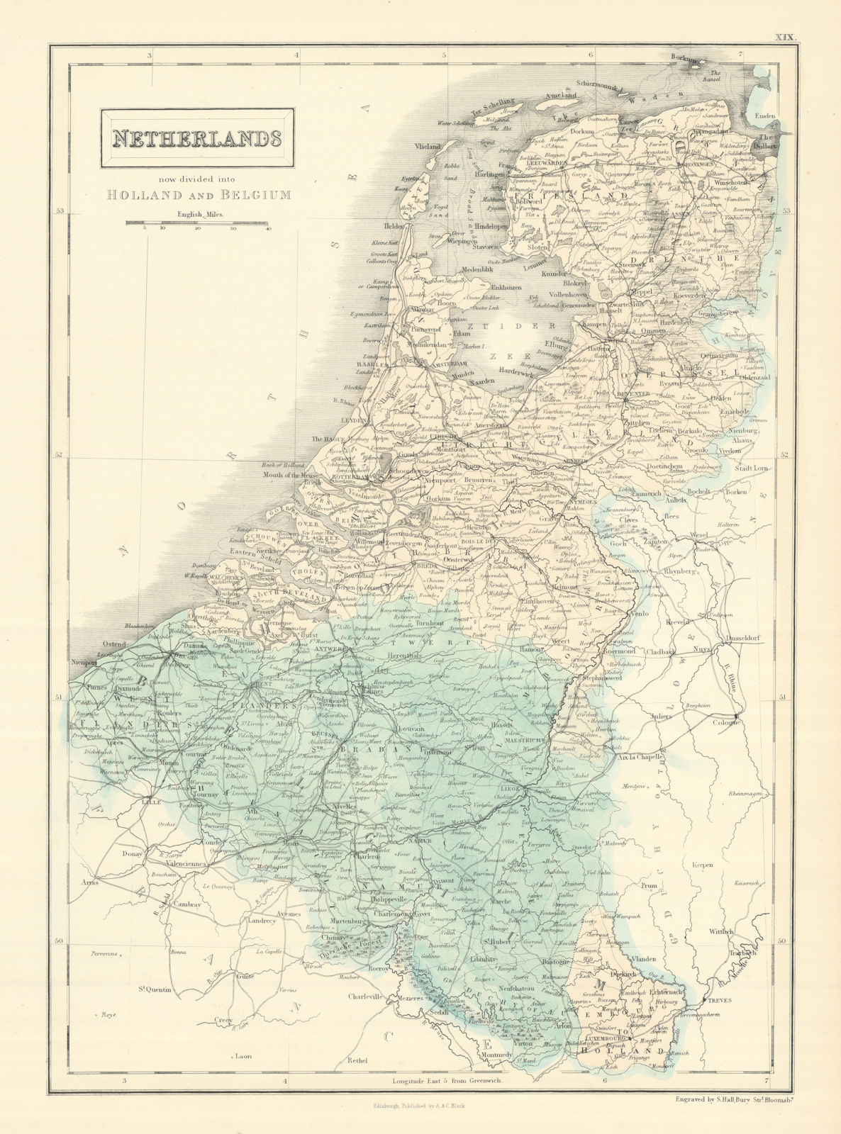 "Netherlands, now divided into Holland & Belgium". Benelux. SIDNEY HALL 1854 map