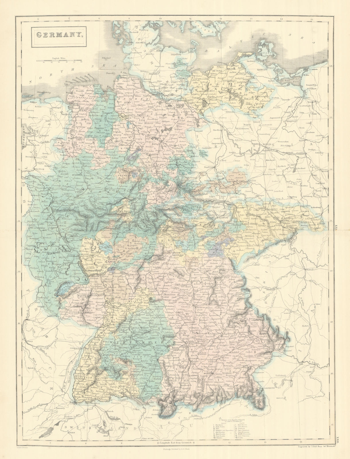 Associate Product Germany showing states, by SIDNEY HALL 1854 old antique vintage map plan chart