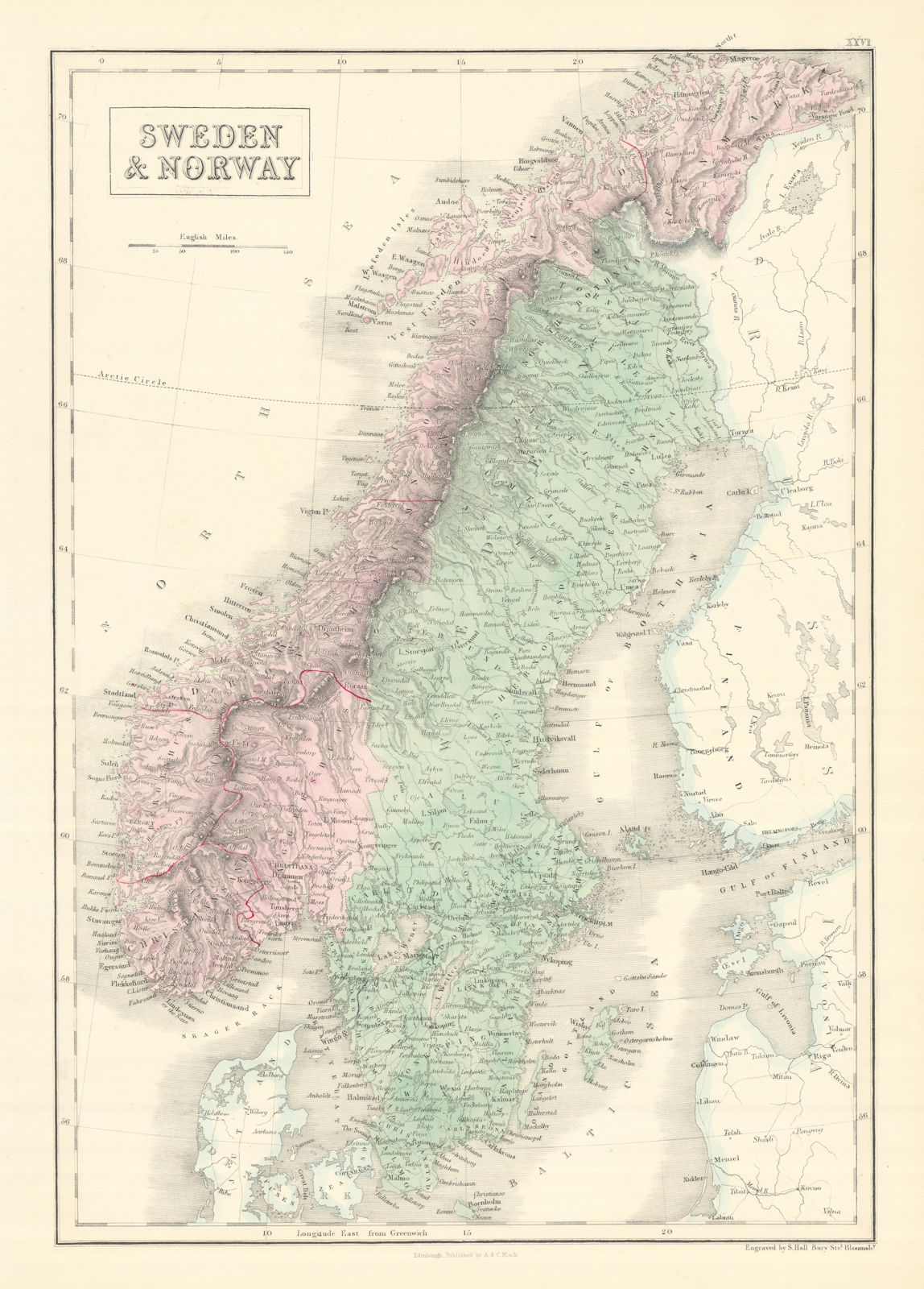 Sweden & Norway. Scandinavia showing provinces. SIDNEY HALL 1854 old map