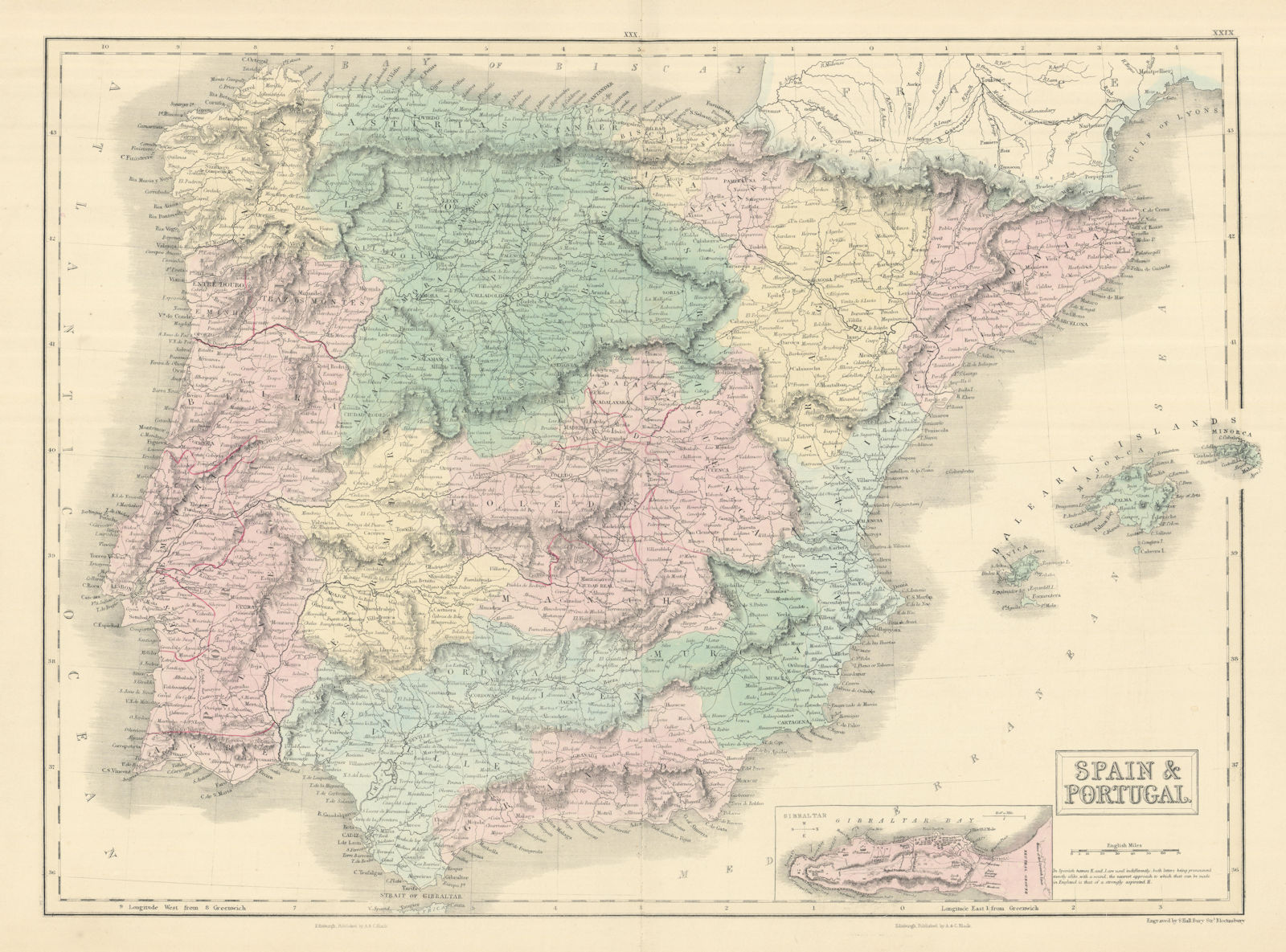 Associate Product Spain & Portugal. Inset Gibraltar. Iberia. SIDNEY HALL 1854 old antique map
