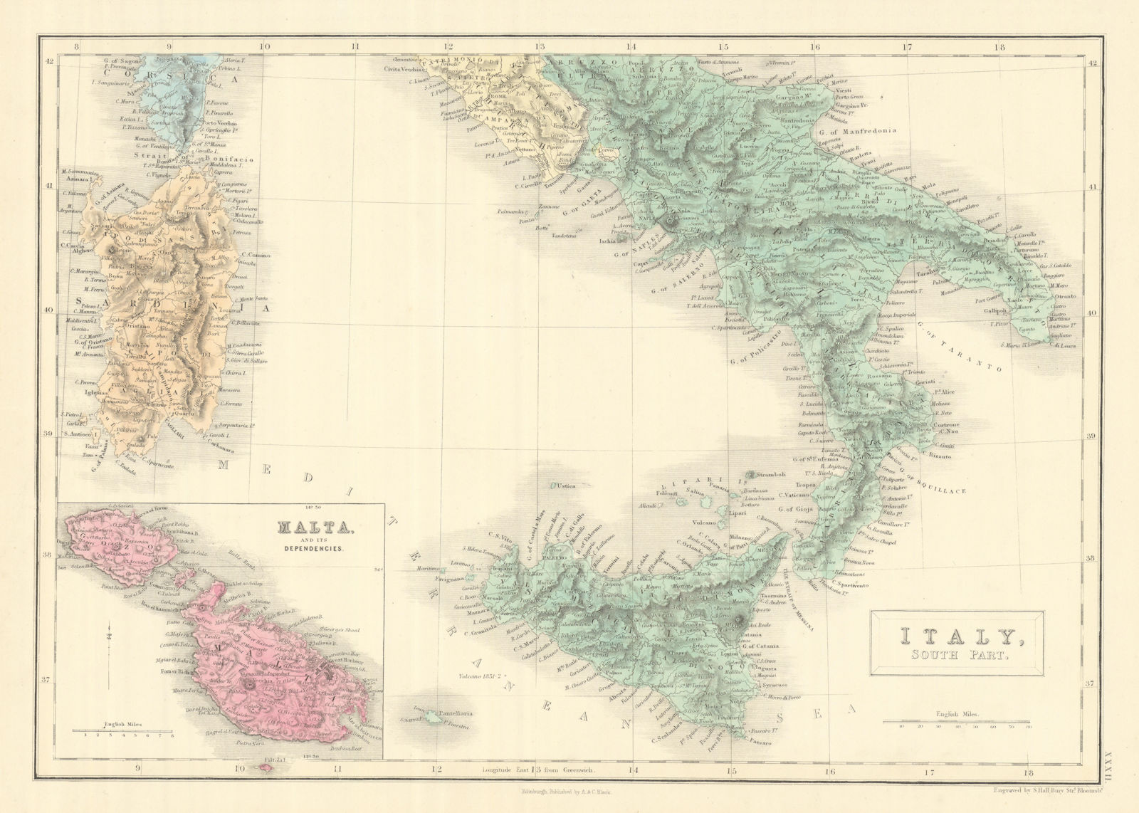 Italy, south part. Inset Malta. Sardinia Sicily. SIDNEY HALL 1854 old map