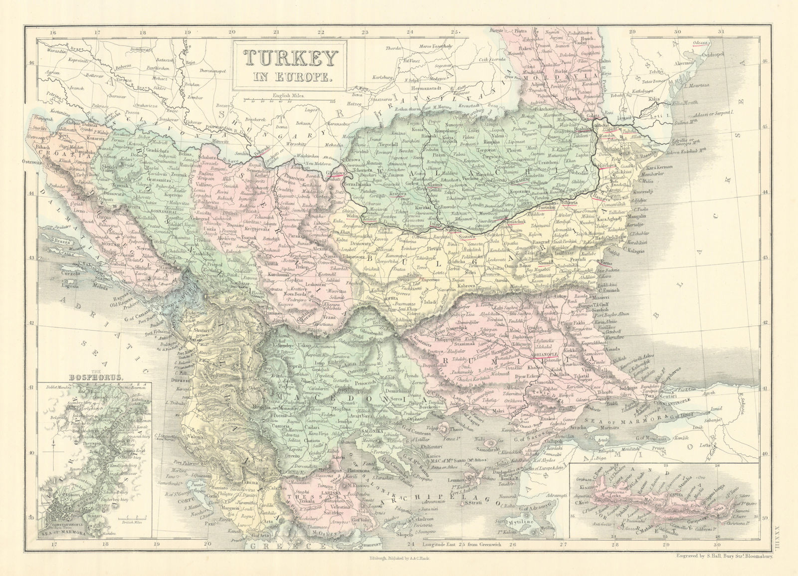 Turkey in Europe. Inset The Bosphorus. Balkans. SIDNEY HALL 1854 old map