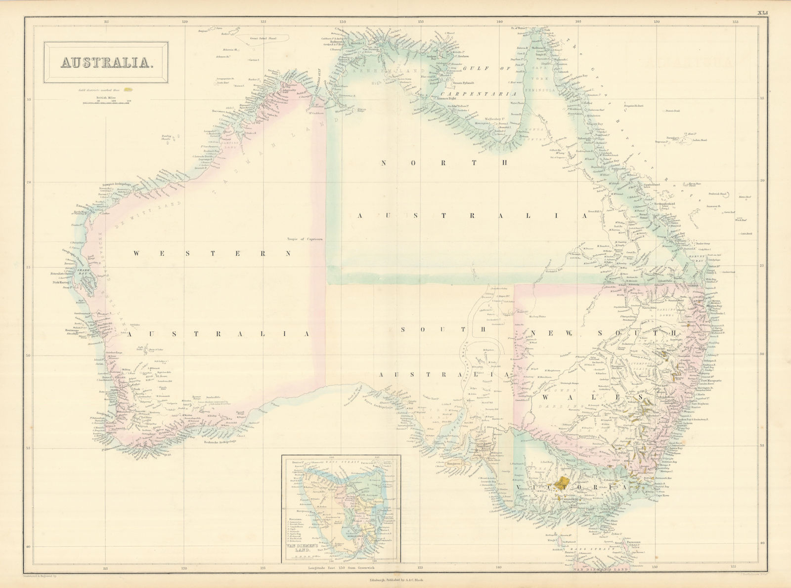 Gold rush Australia showing gold districts in yellow. SIDNEY HALL 1854 map