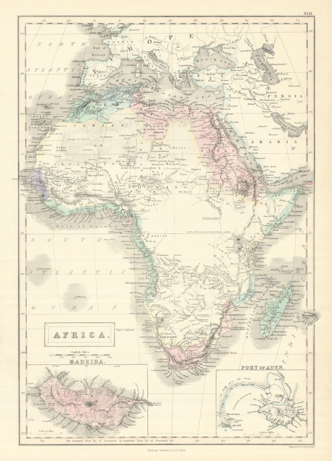 Early colonial Africa. Inset Madeira & Aden. SIDNEY HALL 1854 old antique map