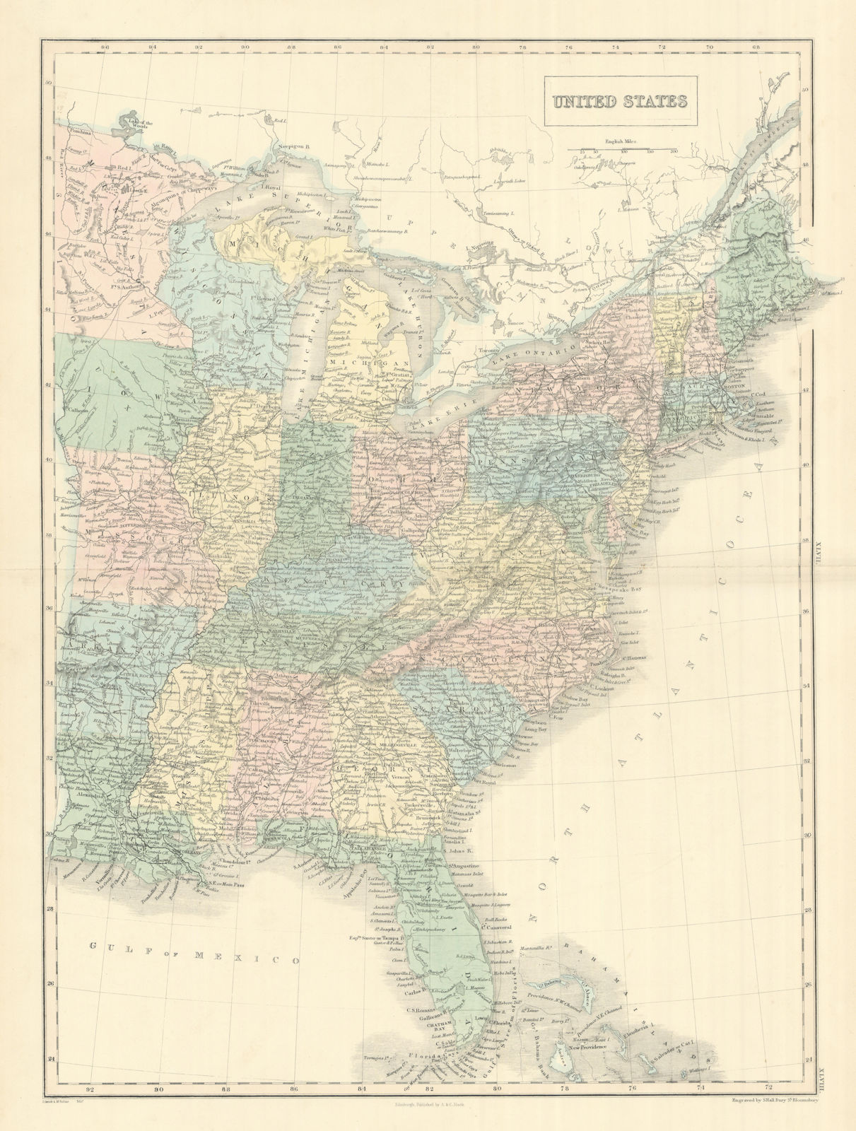 United States. Eastern USA. 31 states. Minnesota Territory. SIDNEY HALL 1854 map