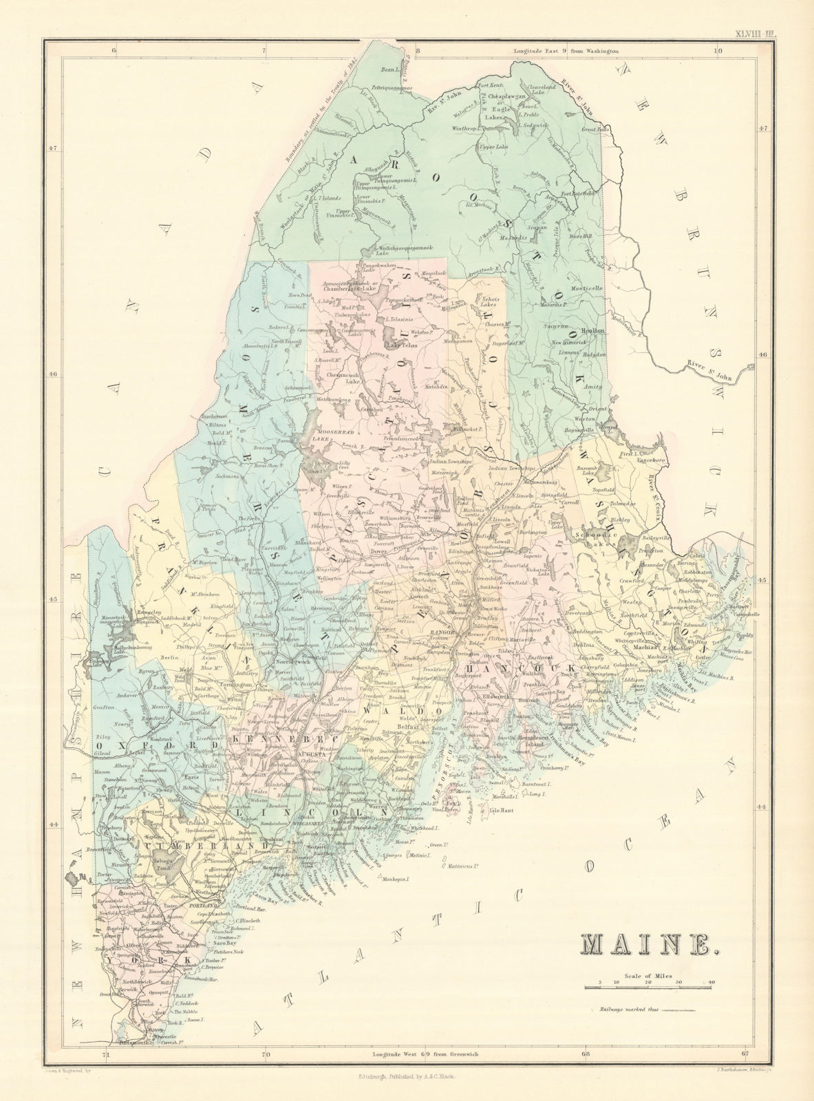 Maine state map showing counties. JOHN BARTHOLOMEW 1854 old antique chart