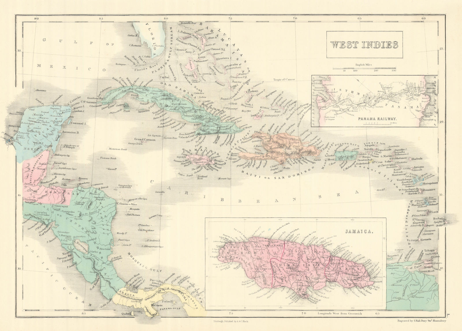 Associate Product West Indies. Inset Panama Railway & Jamaica. Caribbean. SIDNEY HALL 1854 map