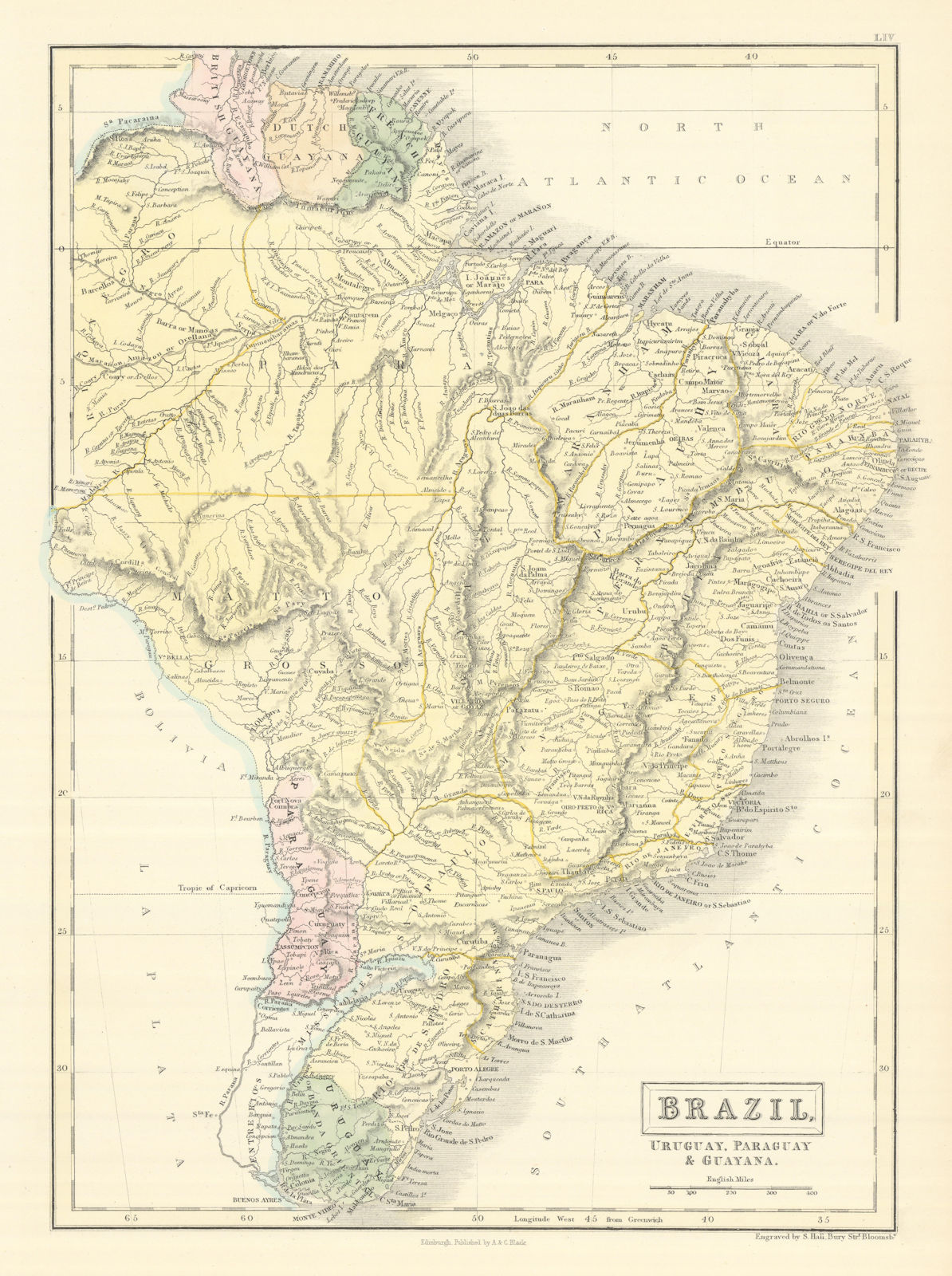 Brazil, Uruguay, Paraguay & Guayana. Banda Oriental. Guianas. HALL 1854 map