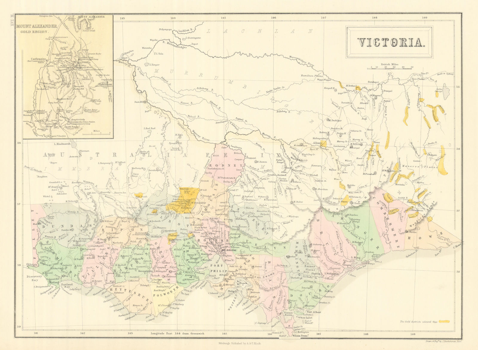 Victoria, Australia. Gold rush districts & Mount Alexander gold region 1854 map