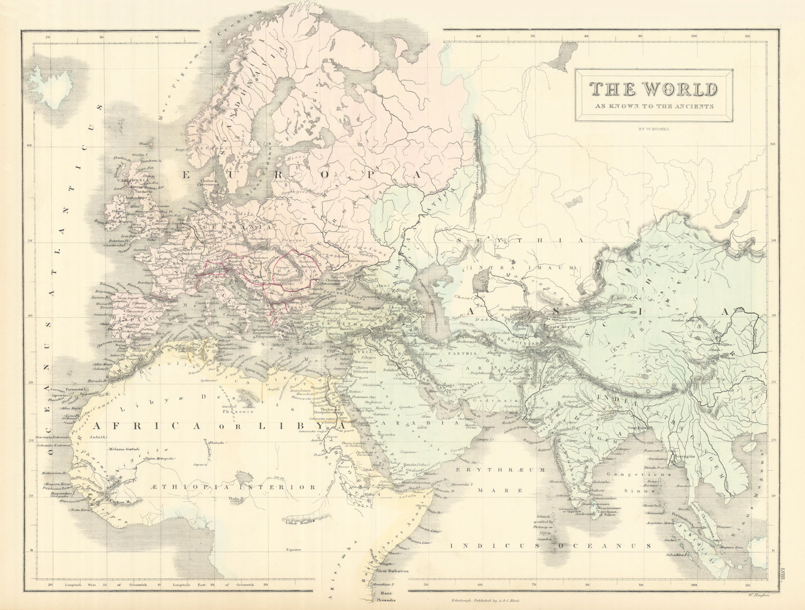 The World as known to the Ancients, by WILLIAM HUGHES 1854 old antique map