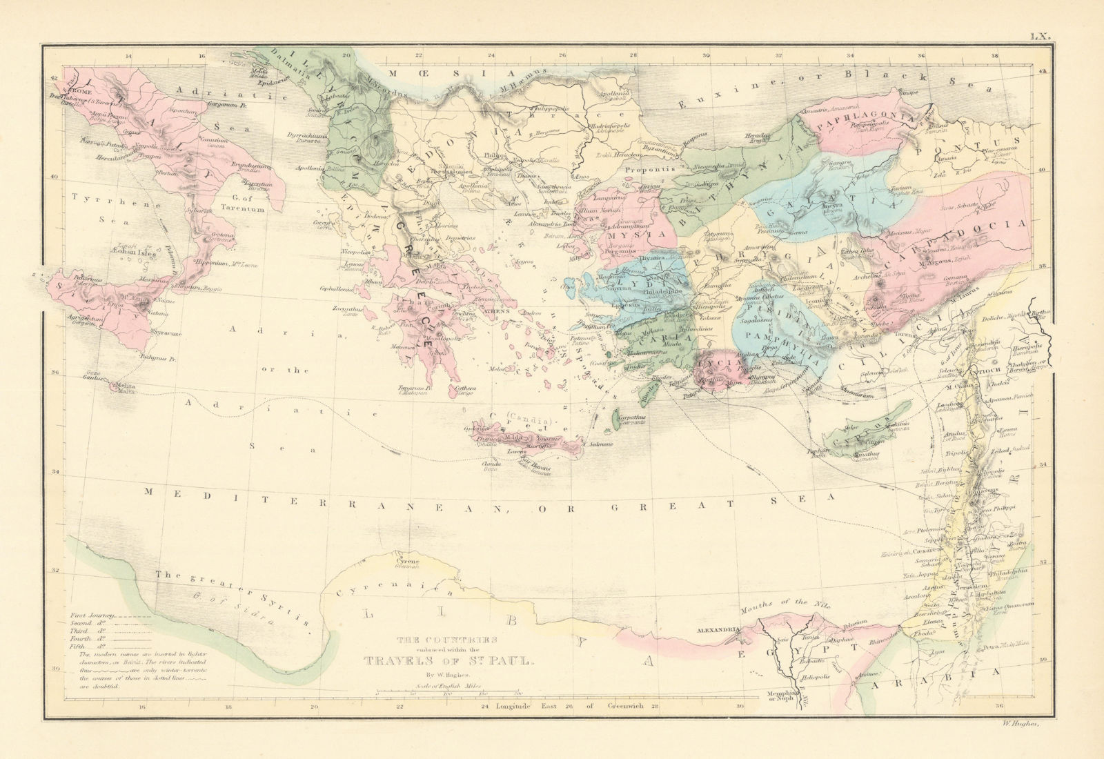 Countries embraced within the travels of St Paul. Mediterranean. HUGHES 1854 map