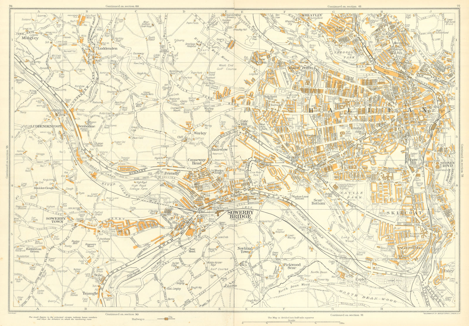 HALIFAX & SOWERBY BRIDGE vintage town city plan. GEOGRAPHIA 1935 old map