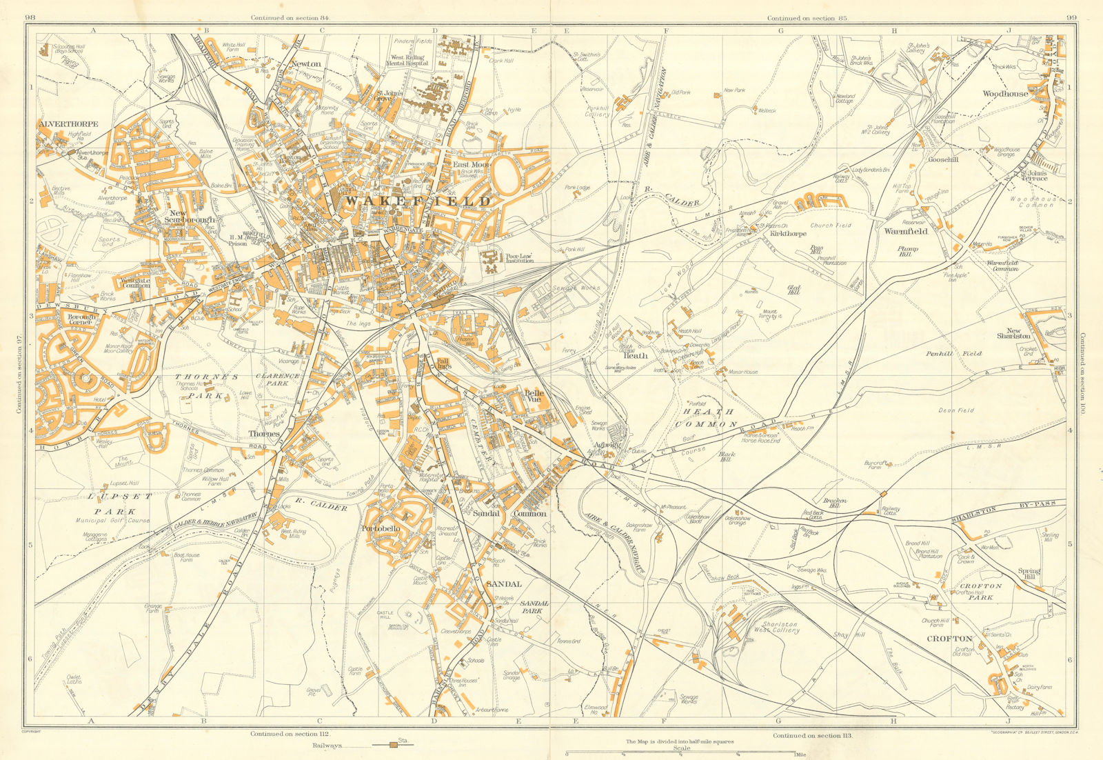 WAKEFIELD vintage town city plan. GEOGRAPHIA 1935 old vintage map chart