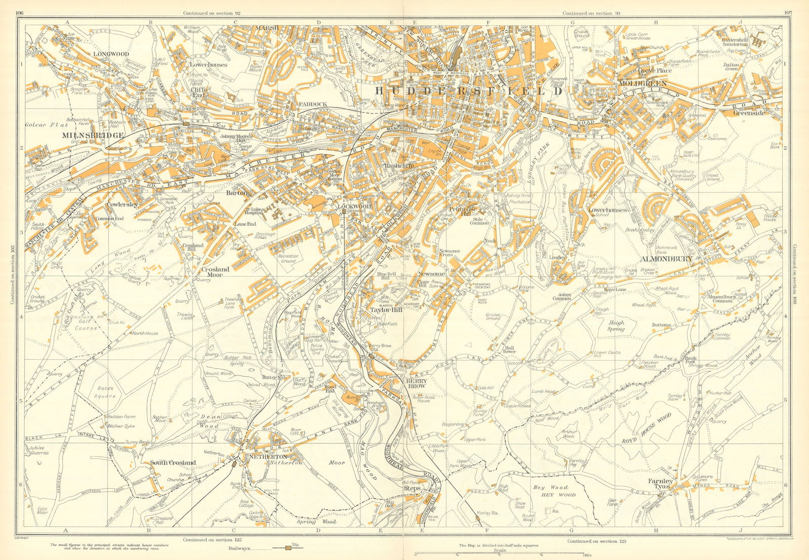 HUDDERSFIELD vintage town city plan. Milnsbridge Moldgreen. GEOGRAPHIA 1935 map