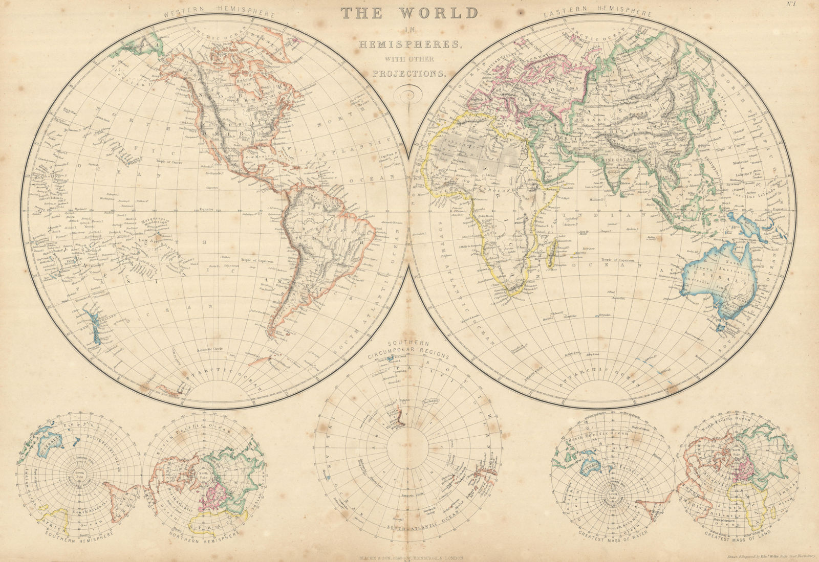 The World in Hemispheres with Other Projections by Edward Weller 1860 old map