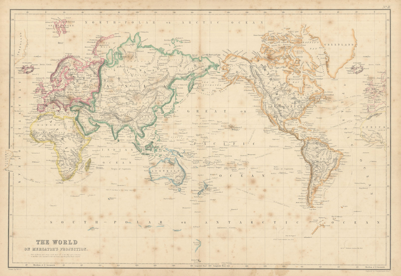 The World on Mercator's Projection by John Bartholomew 1860 old antique map