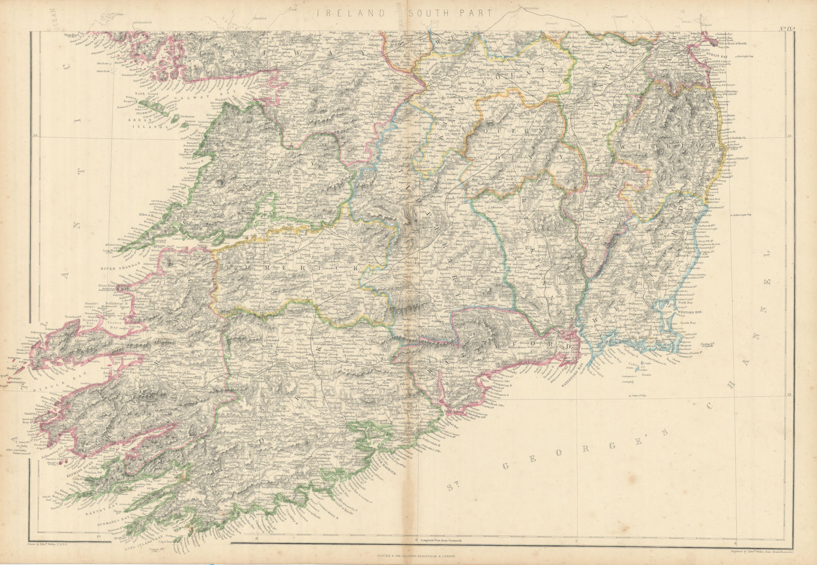 Ireland (South Part) by Edward Weller. Munster 1860 old antique map plan chart