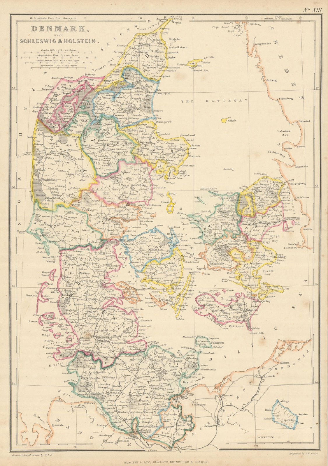 Associate Product Denmark, with Schleswig & Holstein by Joseph Wilson Lowry 1860 old antique map