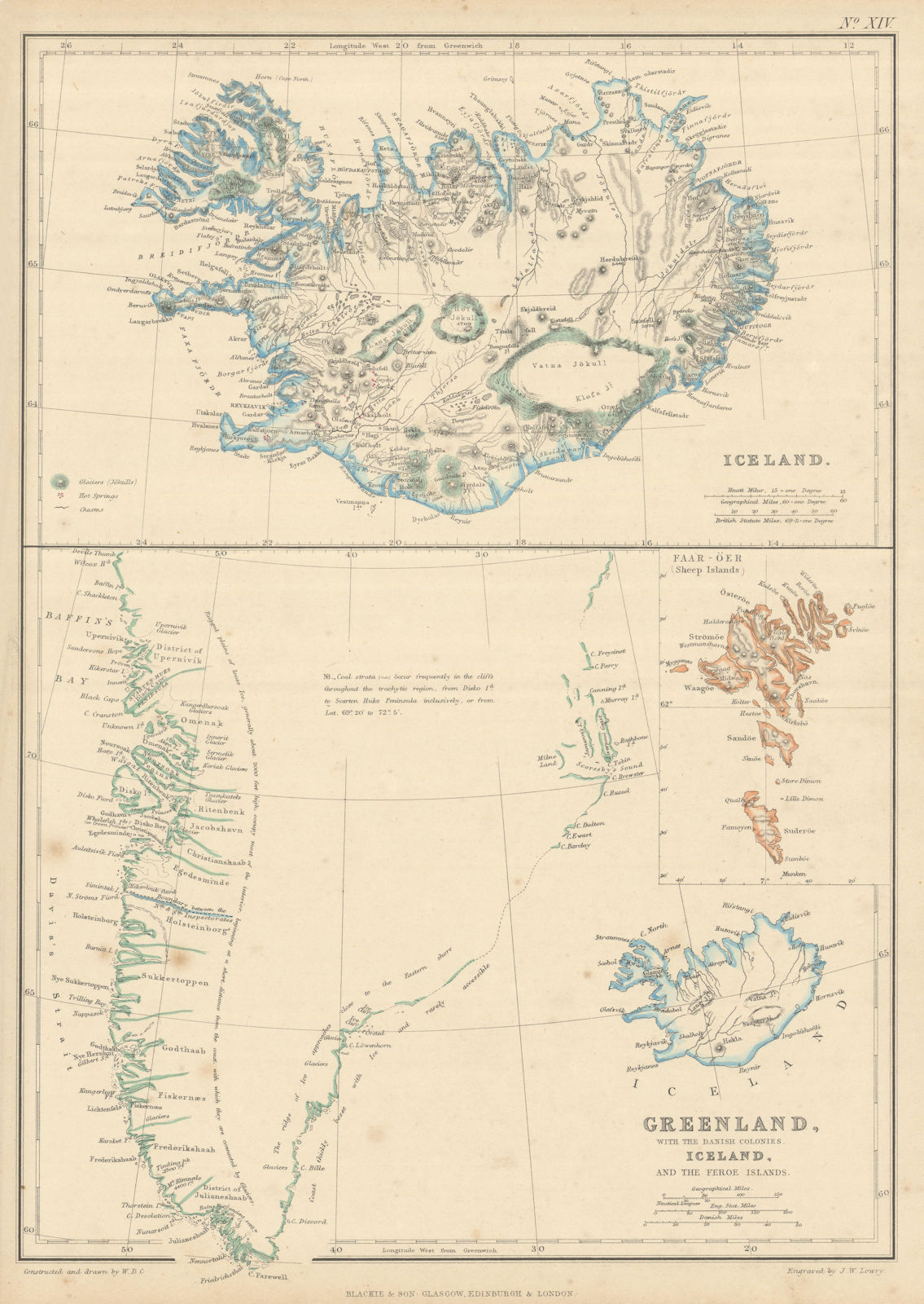 Iceland w/ glaciers. Greenland w/ Danish Colonies. Faroe Islands. LOWRY 1860 map