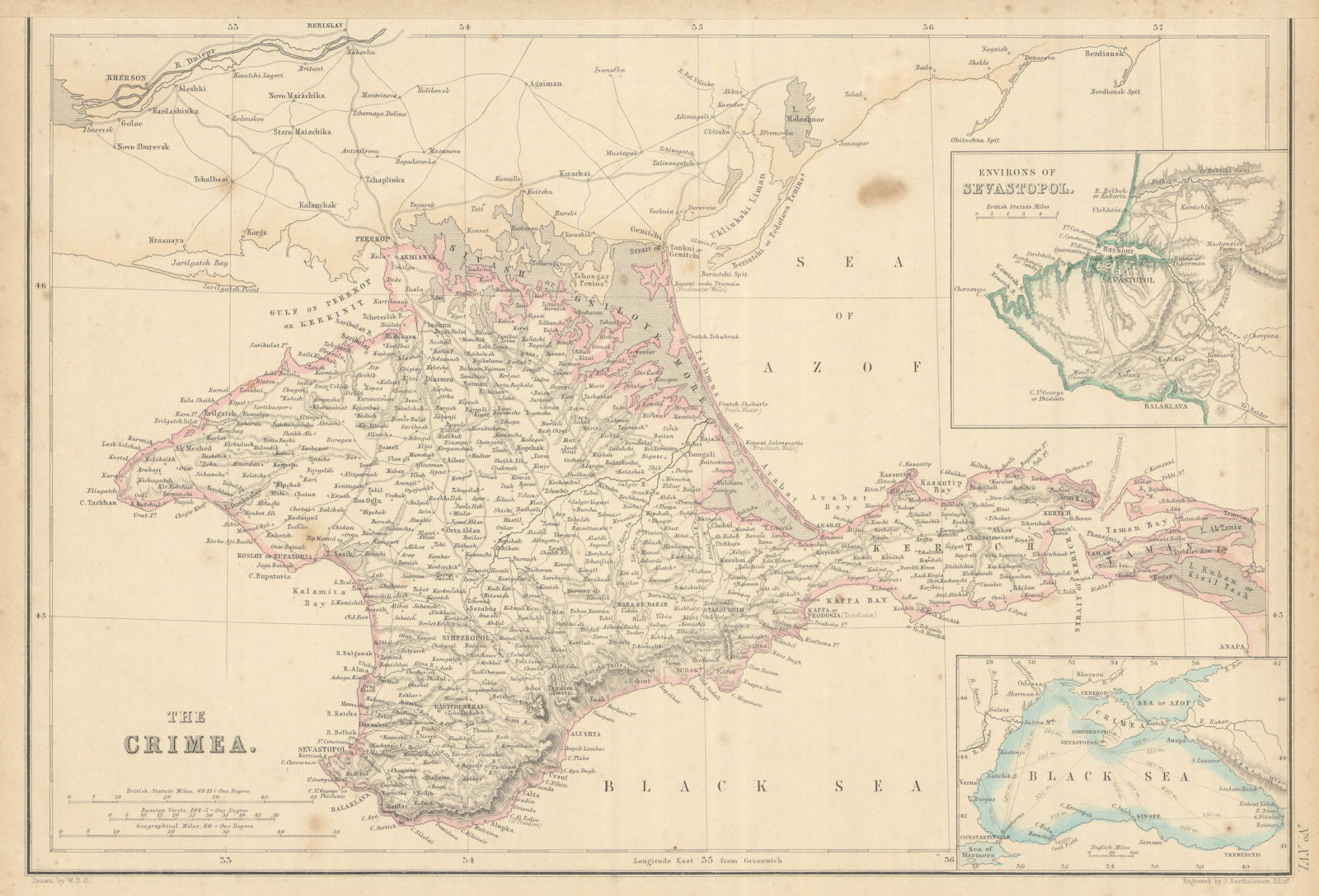 The Crimea & Sevastopol environs by John Bartholomew 1860 old antique map