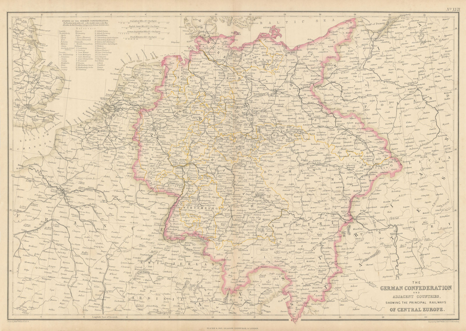 German Confederation & Central Europe railways. WELLER 1860 old antique map