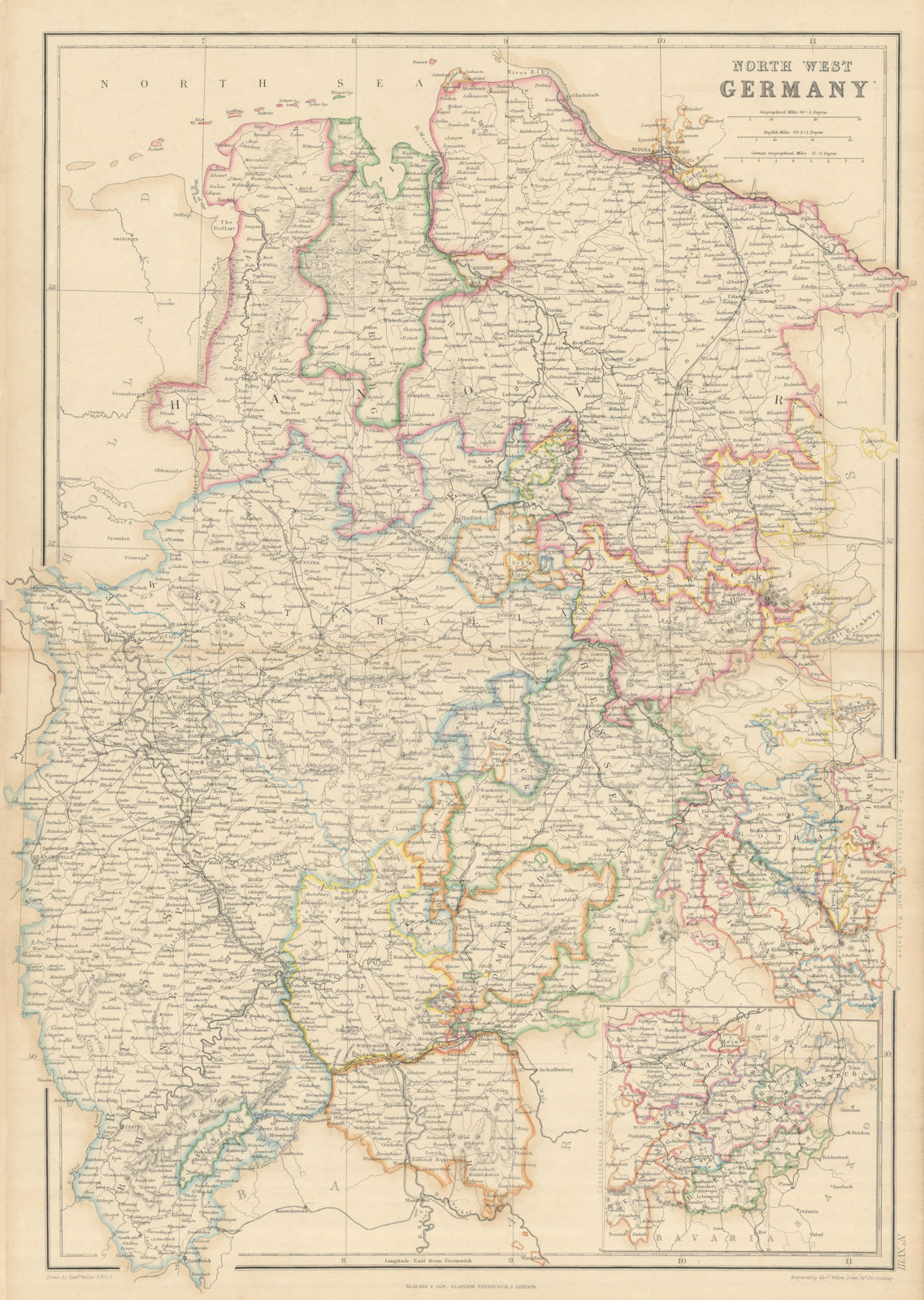 North-West Germany. Hanover, Rhenish Prussia, Nassau, Hesse. WELLER 1860 map