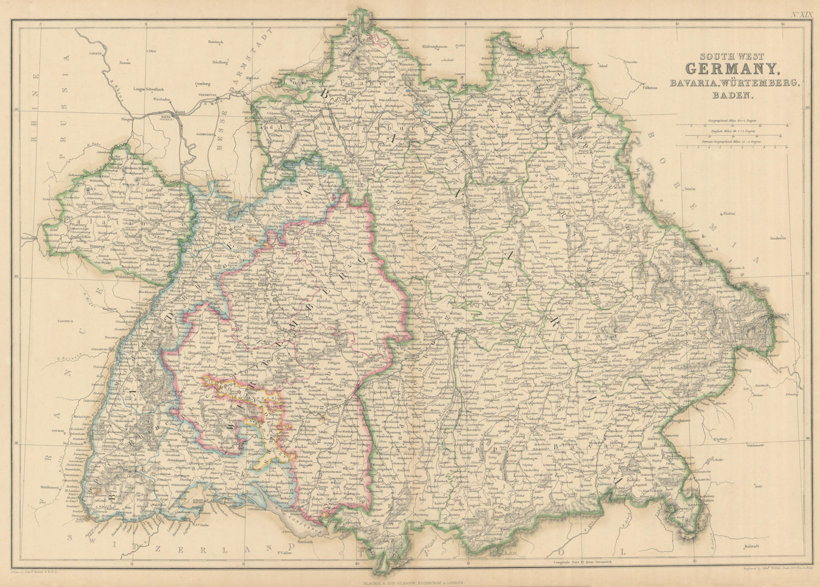 South-West Germany, Bavaria, Würtemberg & Baden. Bayern. WELLER 1860 old map
