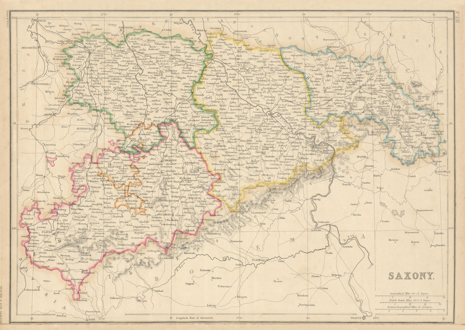 Saxony province. Sachsen Liepzig Dresden Bautzen Zwickau. WELLER 1860 old map