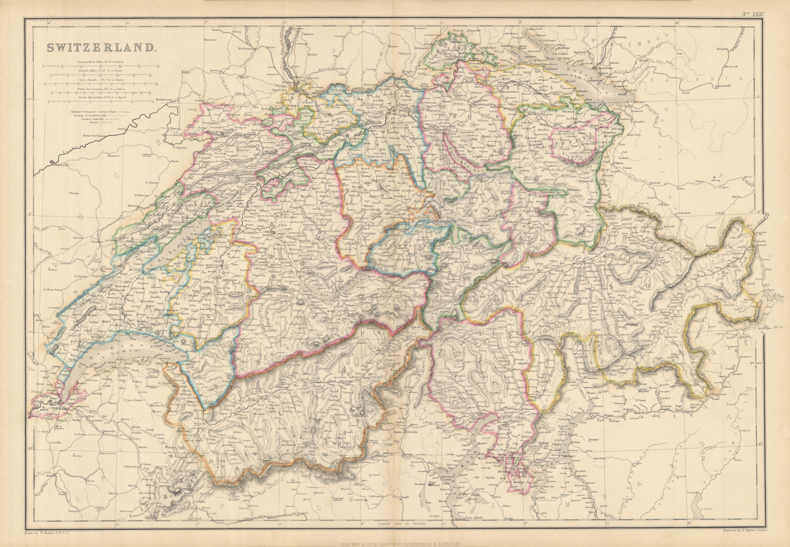 Switzerland in cantons by William Hughes. Glaciers 1860 old antique map chart