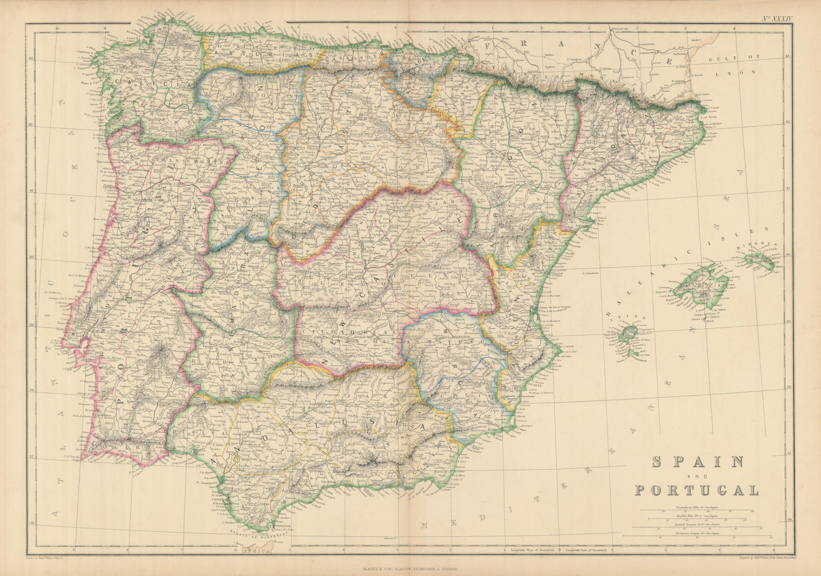 Spain and Portugal by Edward Weller. Iberia 1860 old antique map plan chart