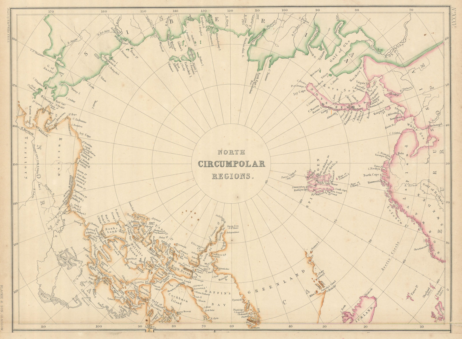 North Circumpolar Regions. North Pole Arctic by Edward Weller 1860 old map