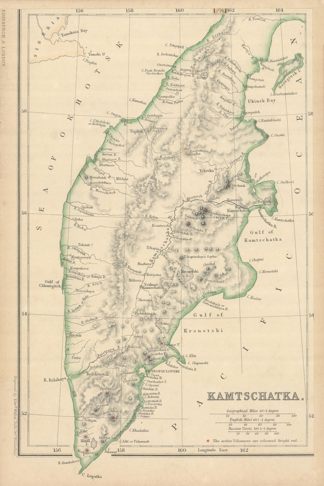 Kamchatka 'Kamtschatka' showing active volcanoes. WELLER 1860 old antique map