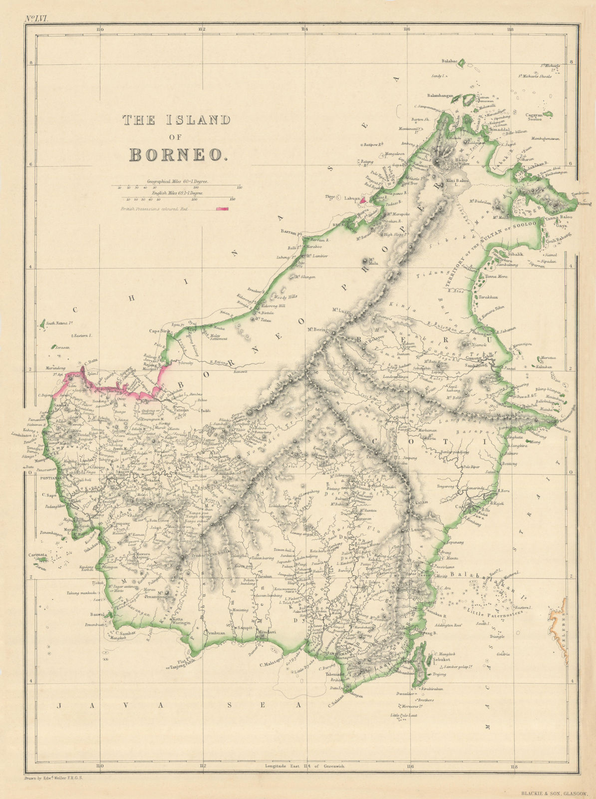 The Island of Borneo by Edward Weller. Sarawak Sabah Brunei Kalimantan 1860 map