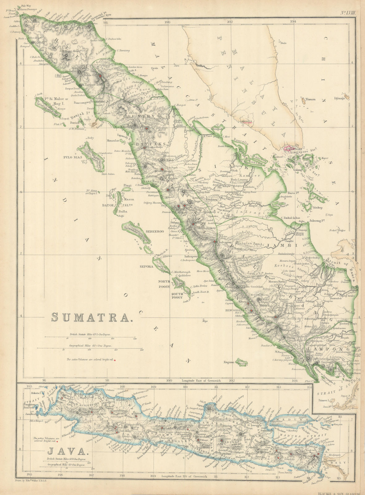 Sumatra & Java showing volcanoes by Edward Weller. Indonesia 1860 old map