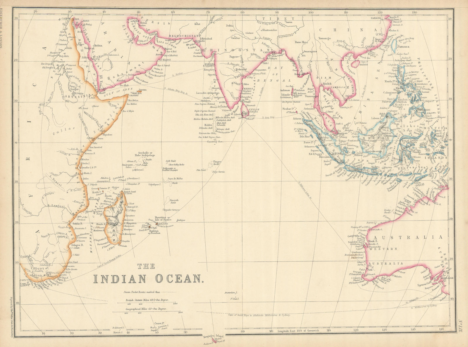 Indian Ocean showing steamer routes to India, China & Australia. WELLER 1860 map