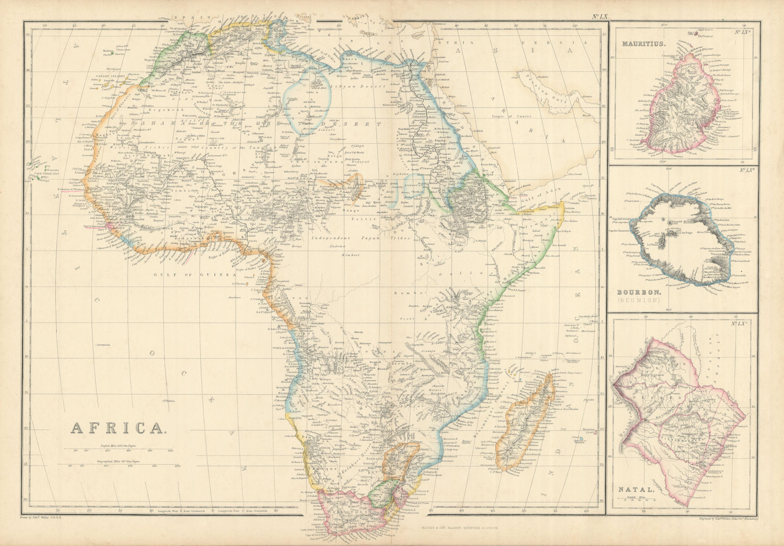 Africa. Mauritius, Bourbon (Reunion) & Natal by Edward Weller 1860 old map
