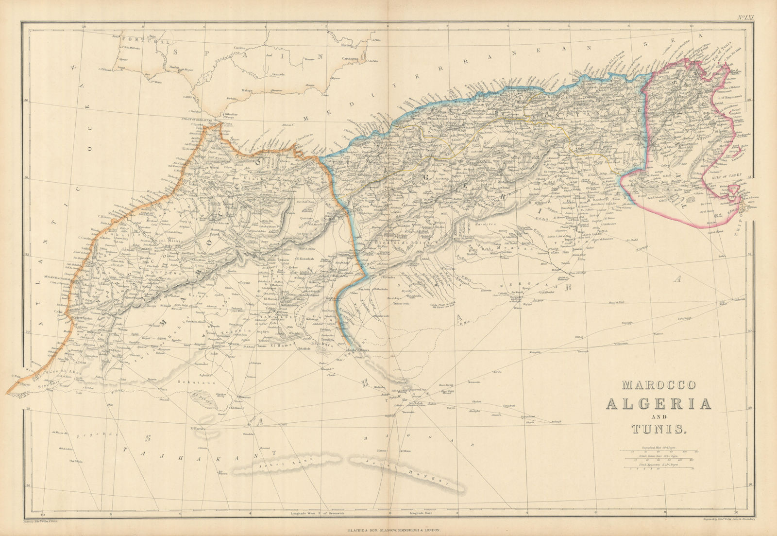 Marocco, Algeria and Tunis by Edward Weller. Morocco Maghreb 1860 old map