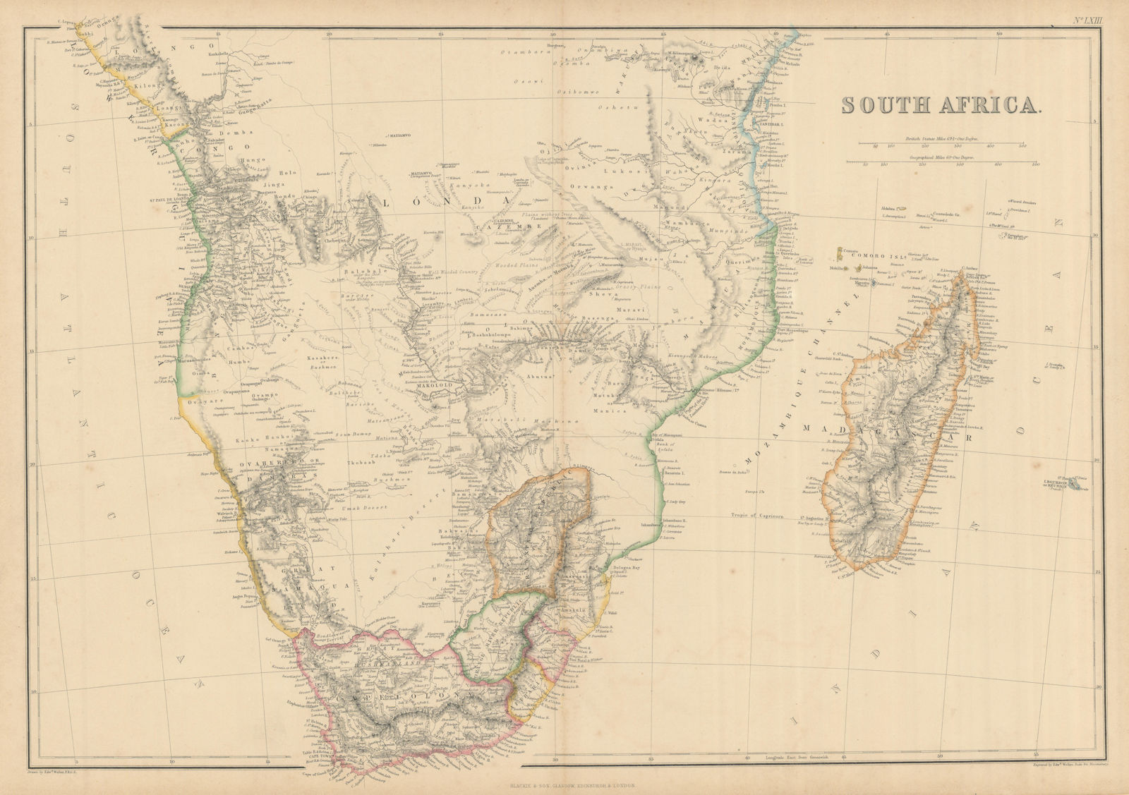 Southern Africa & Madagascar by Edward Weller 1860 old antique map plan chart