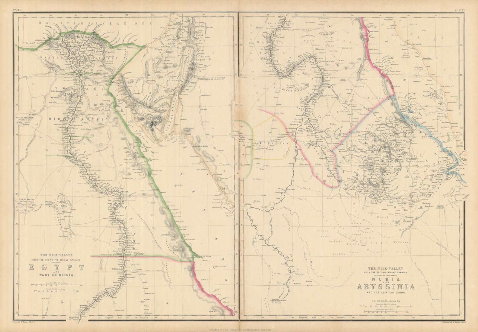 The Nile Valley. Blue & White Niles. Egypt Sudan Ethiopia. HUGHES 1860 old map
