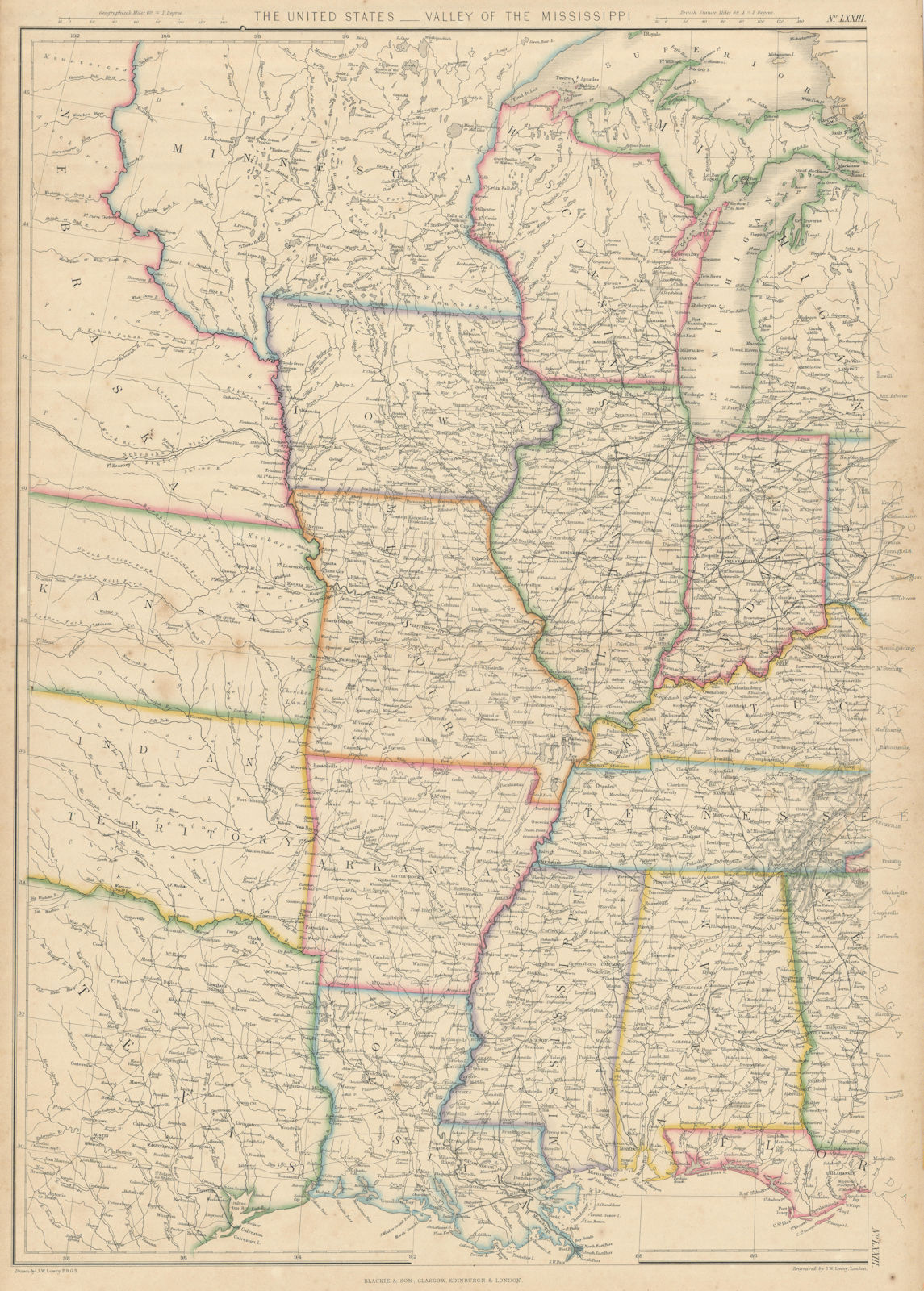 United States - Valley of the Mississippi by Joseph Wilson Lowry. USA 1860 map