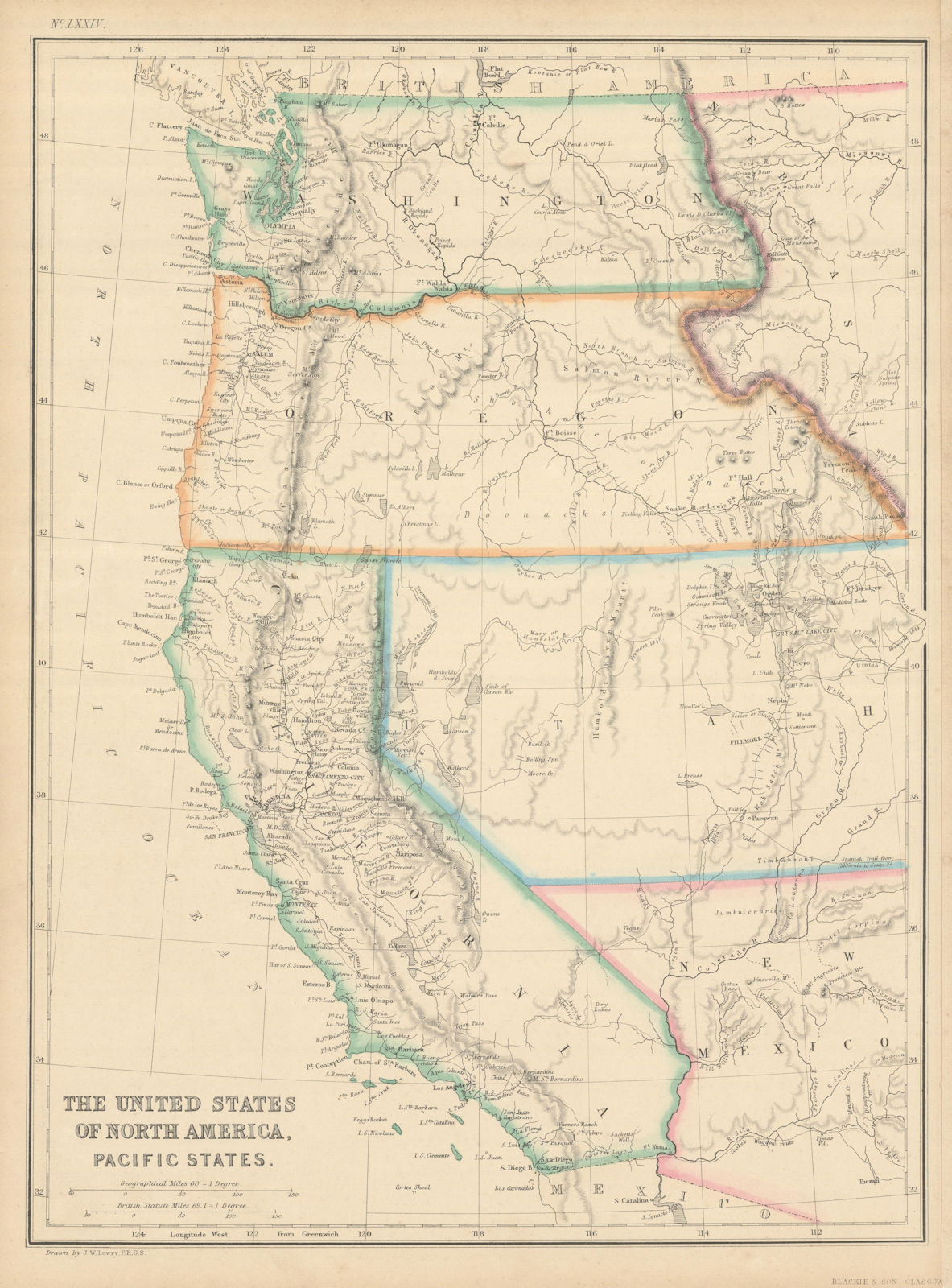 United States of North America, Pacific States by Joseph Wilson Lowry 1860 map