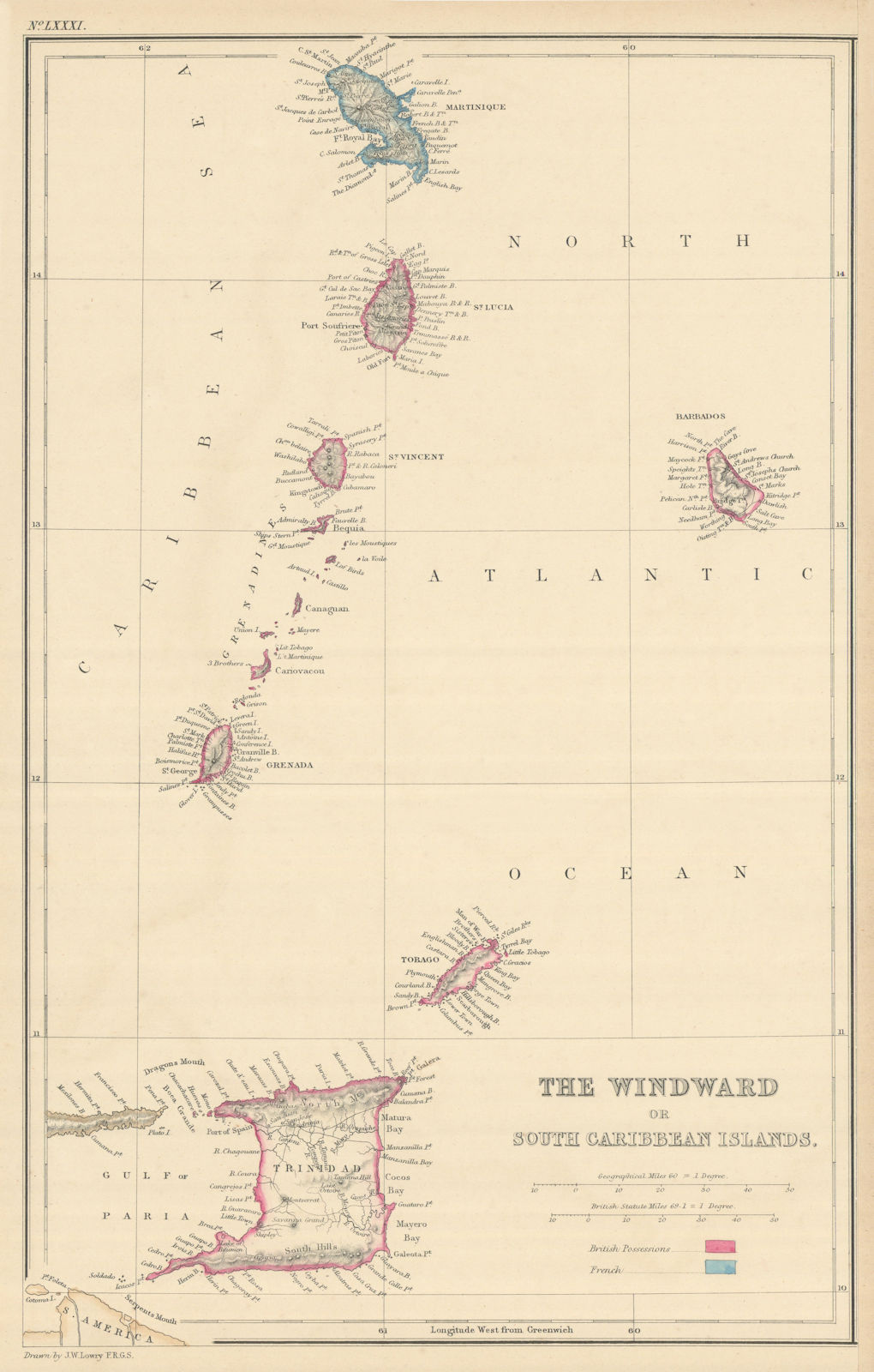 Associate Product Windward or South Caribbean Islands. Barbados St. Lucia Trinidad. LOWRY 1860 map