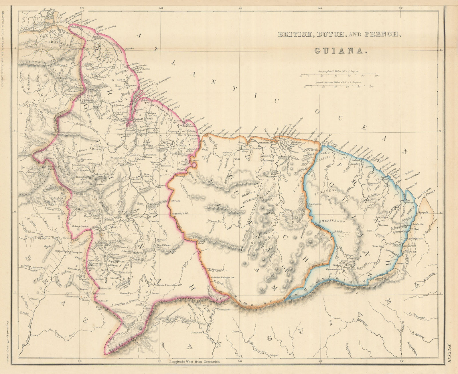 British, Dutch & French Guiana. Suriname Guyana. LOWRY 1860 old antique map