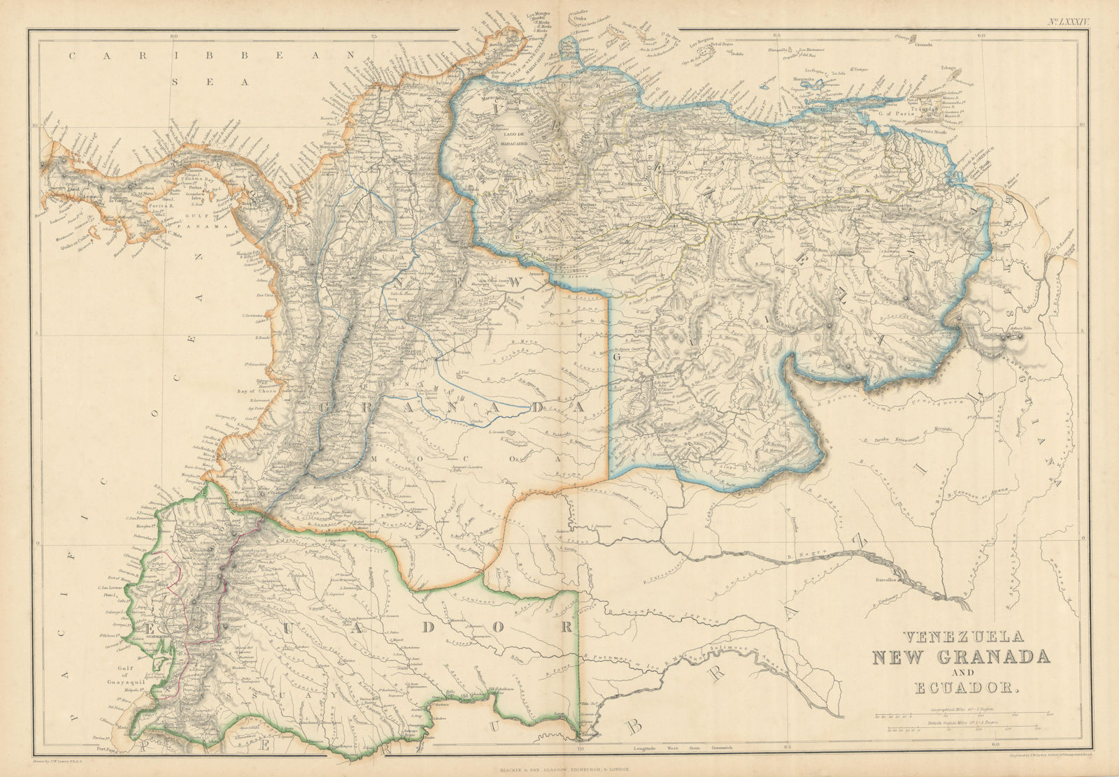 Venezuela, New Granada & Ecuador by J.W. Lowry. Colombia 1860 old antique map