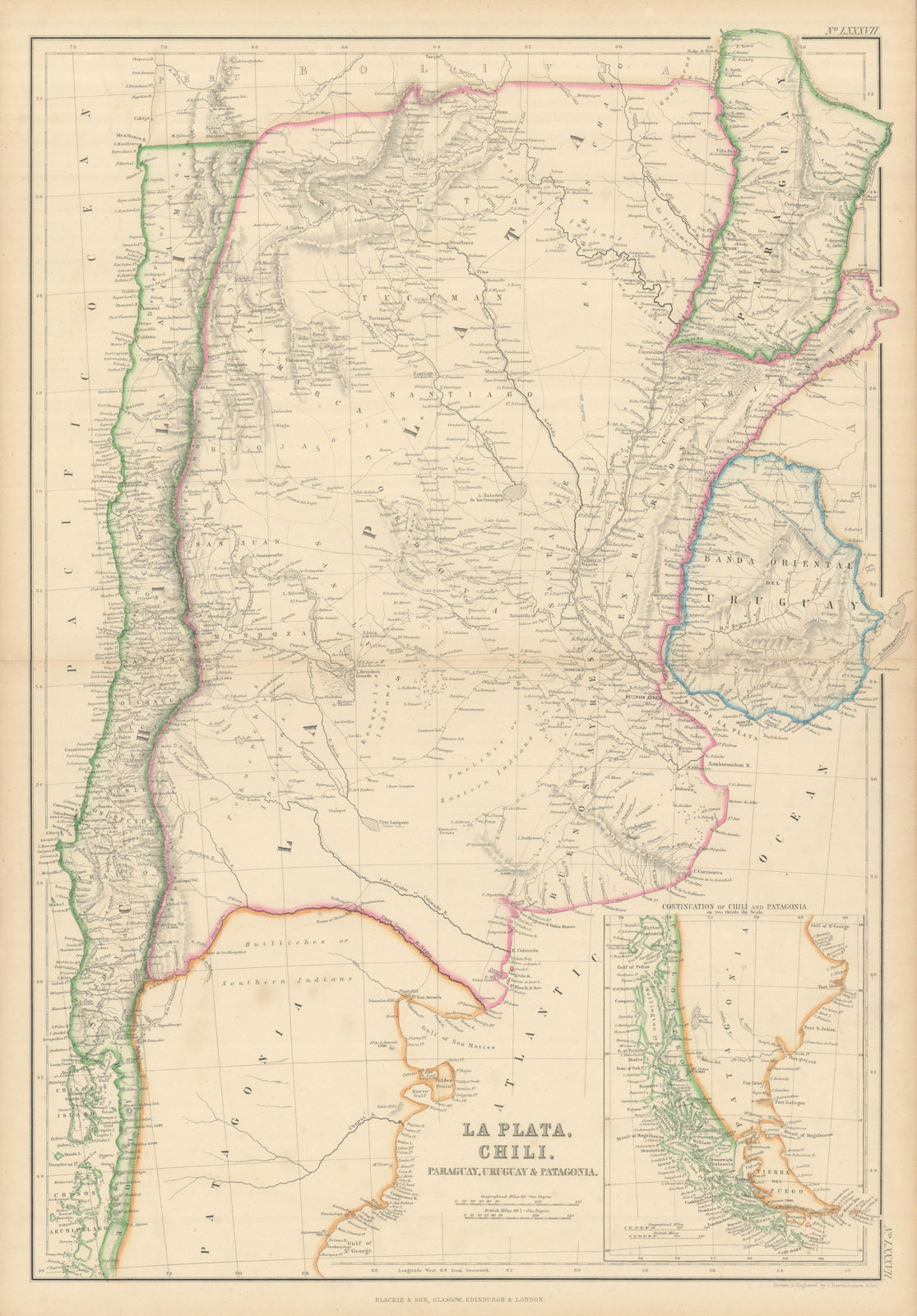 La Plata, Chili, Paraguay, Uruguay… Argentina Chile. BARTHOLOMEW 1860 old map