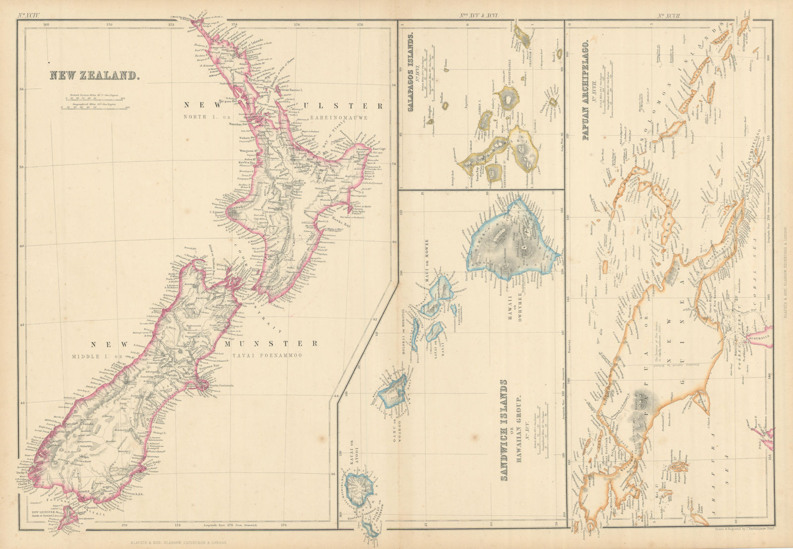 New Zealand Sandwich Galapagos Islands. Papuan Archipelago. Melanesia 1860 map